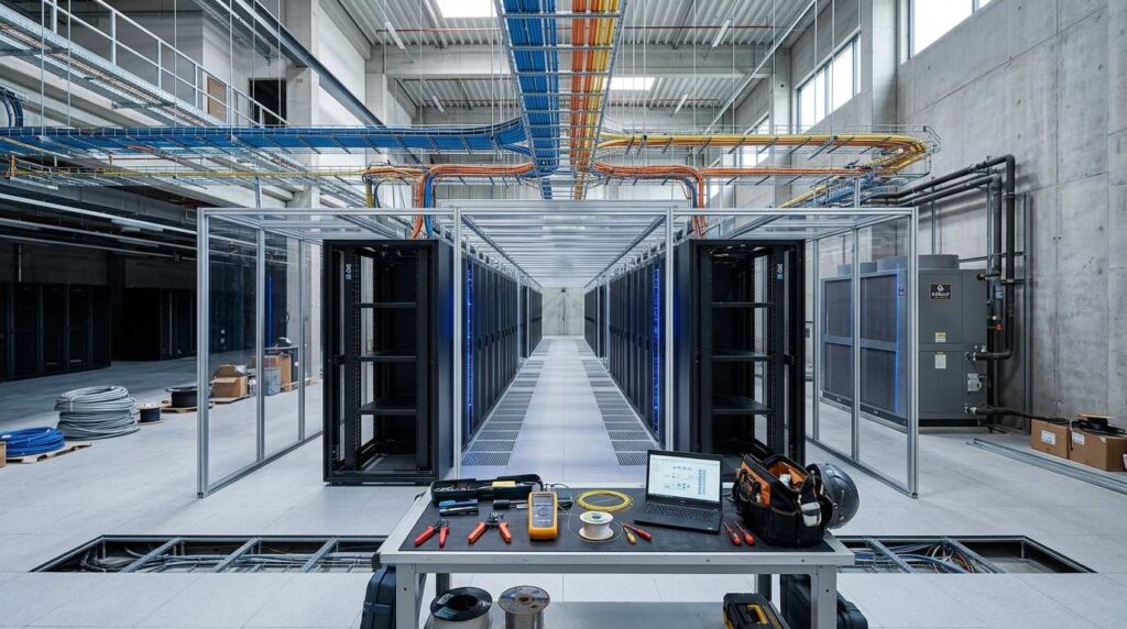 Datacenter under construction with server racks being installed and structured cabling routed through overhead trays