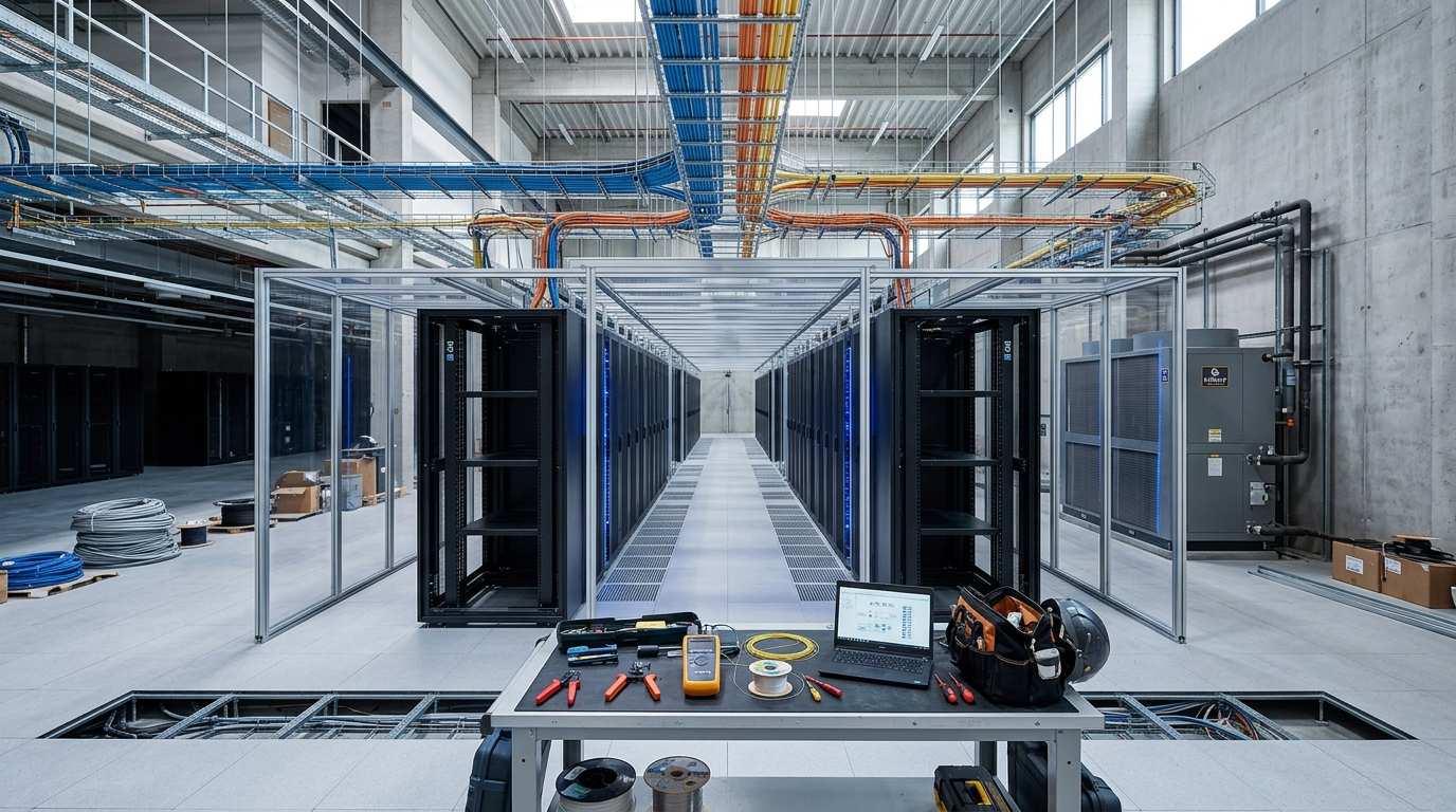 Datacenter under construction with server racks being installed and structured cabling routed through overhead trays