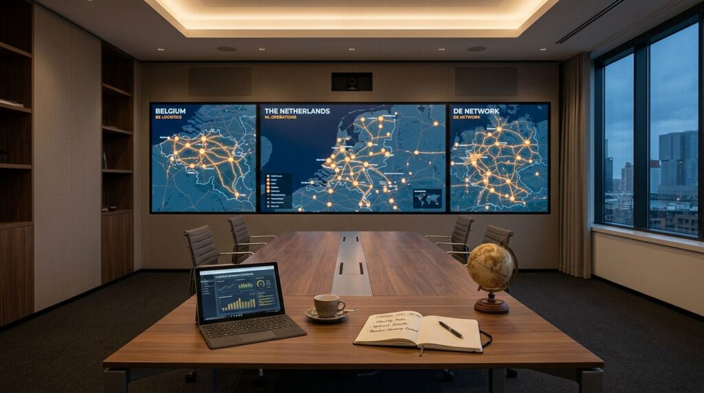European business expansion across NL, BE and DE with logistics, facilities and operations connecting multiple countries