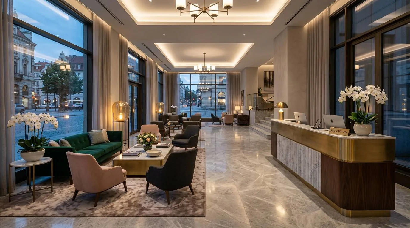 Newly opened modern luxury European hotel lobby with FF&E recently installed and ready for guests