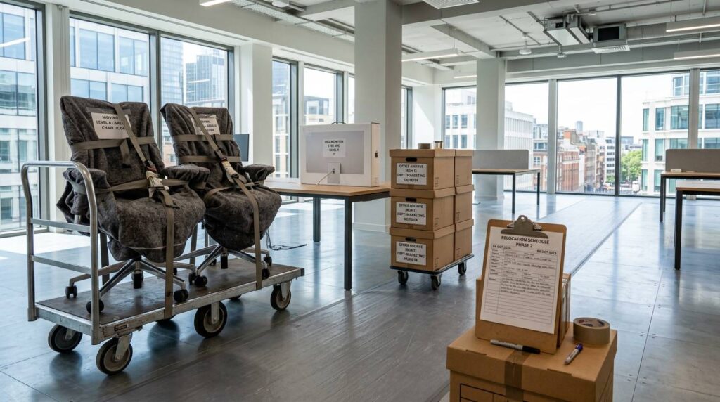 Office relocation in progress with movers wrapping office furniture and IT equipment for transport