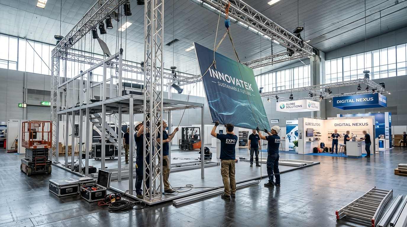 Trade show exhibition hall stand construction with crew assembling a custom exhibition stand for a corporate brand