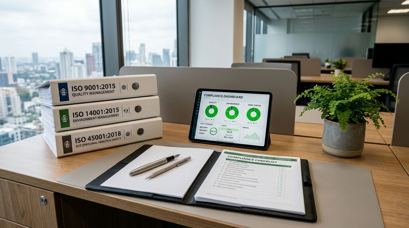 ISO certification documents and quality management audit binders at World-wide Mobility Group offices