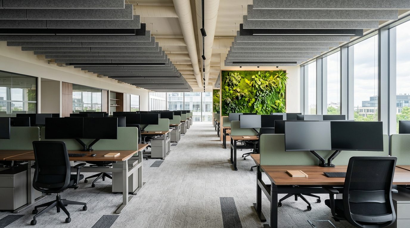 Corporate and office industry vertical: open-plan corporate office with workstations, monitors and biophilic green wall