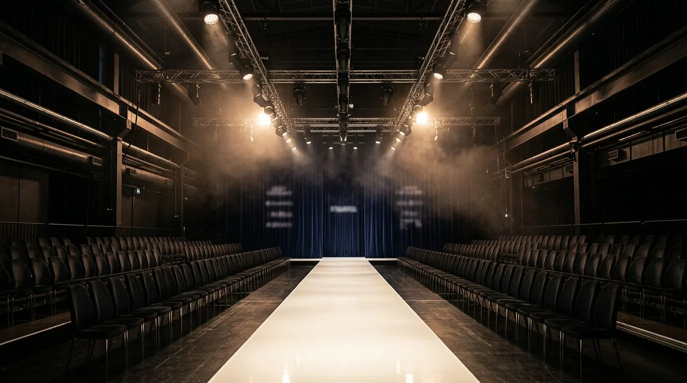 Fashion industry vertical: illuminated empty fashion-week runway with audience seating and spotlights