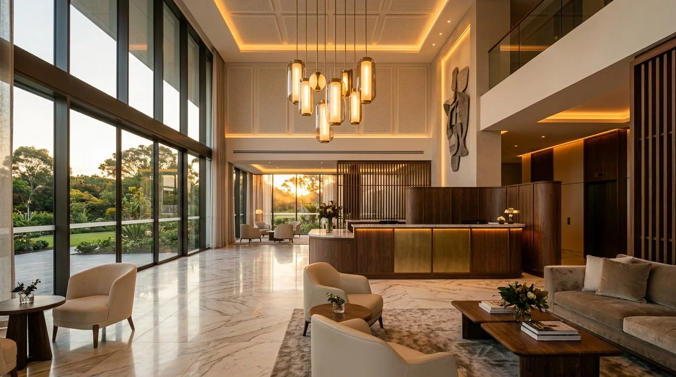 Hospitality and hotels industry vertical: luxury hotel lobby with reception and lounge area