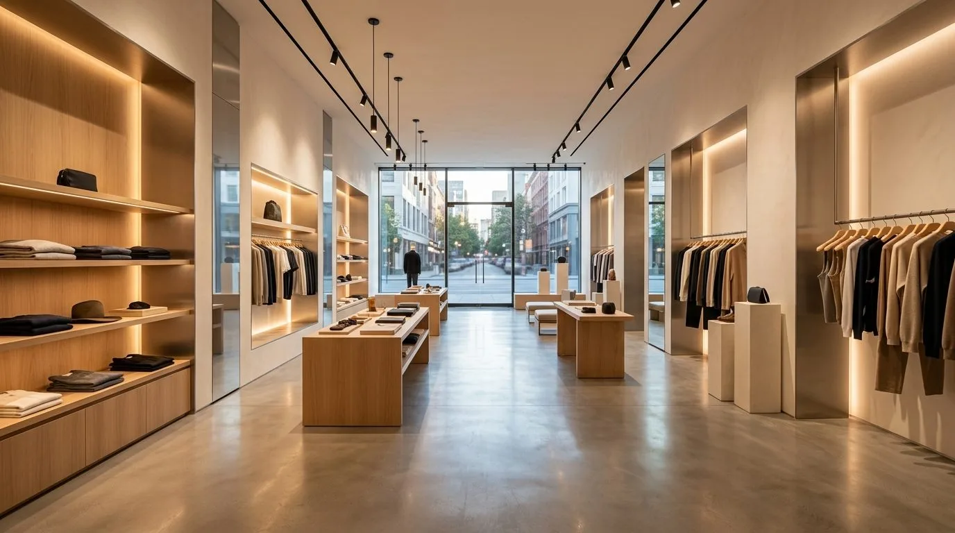 Retail and commercial industry vertical: freshly fitted-out flagship retail store with display walls and storefront