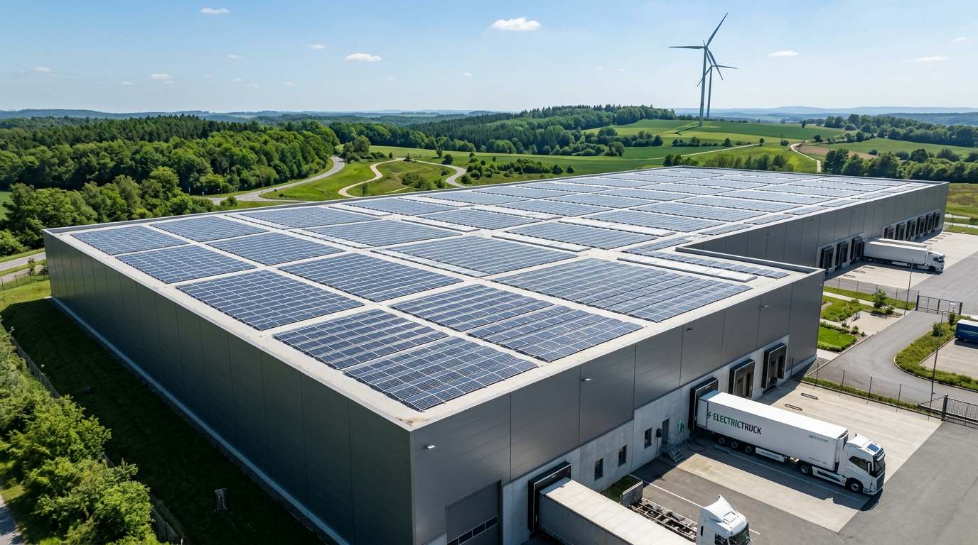 Solar panels on the roof of a modern European warehouse with green landscape