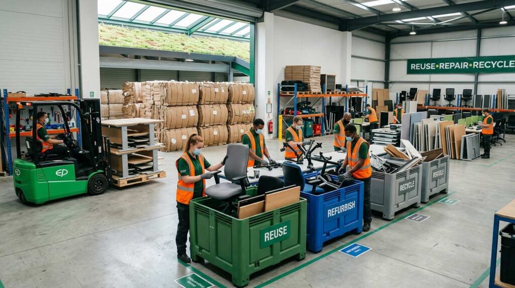 Workers sorting reusable furniture and recyclable materials at a circular economy facility