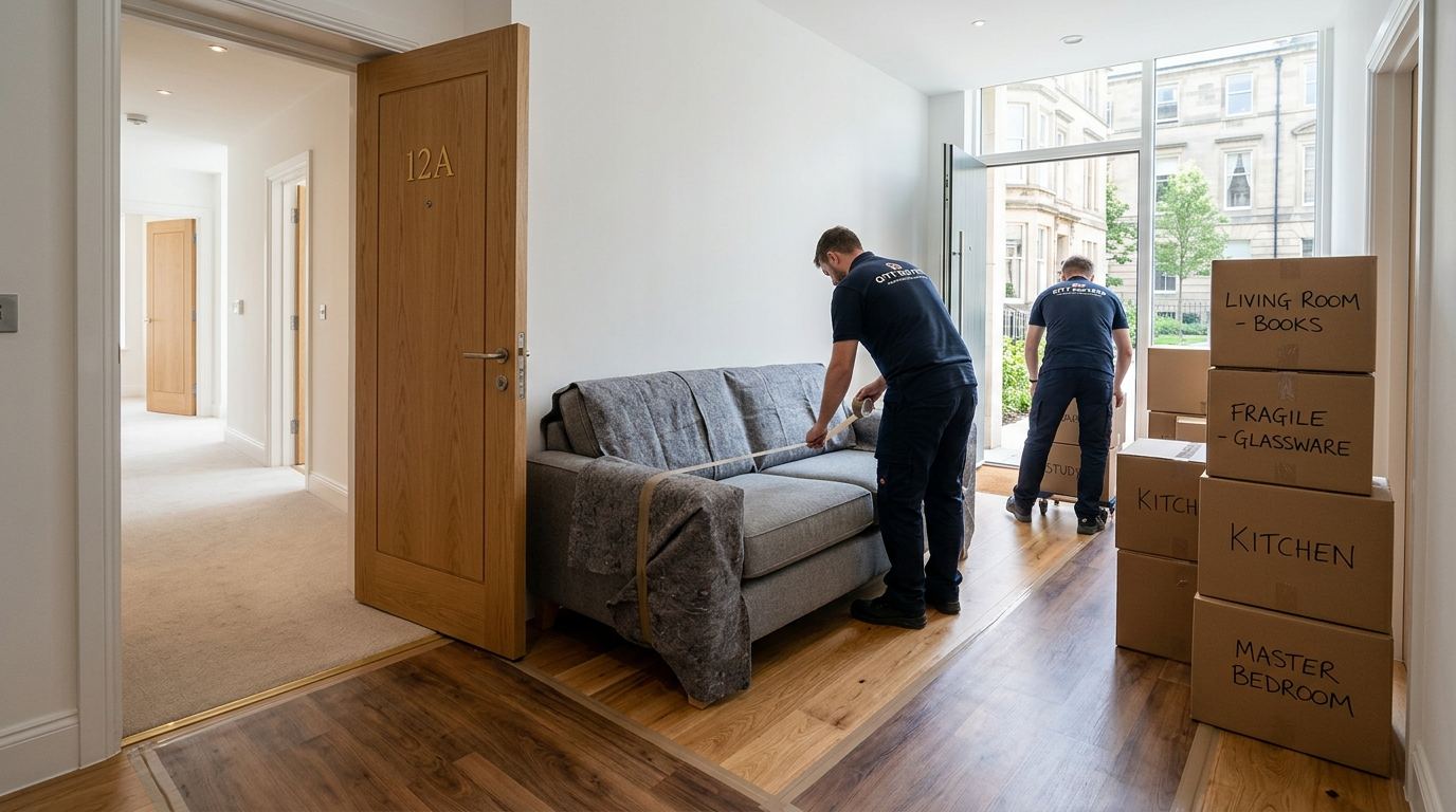 Easy Move professional moving crew loading a residential move at an European apartment