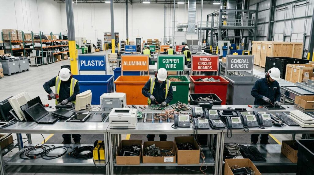 WMG E-Waste Recycling crew dismantling and sorting decommissioned IT hardware