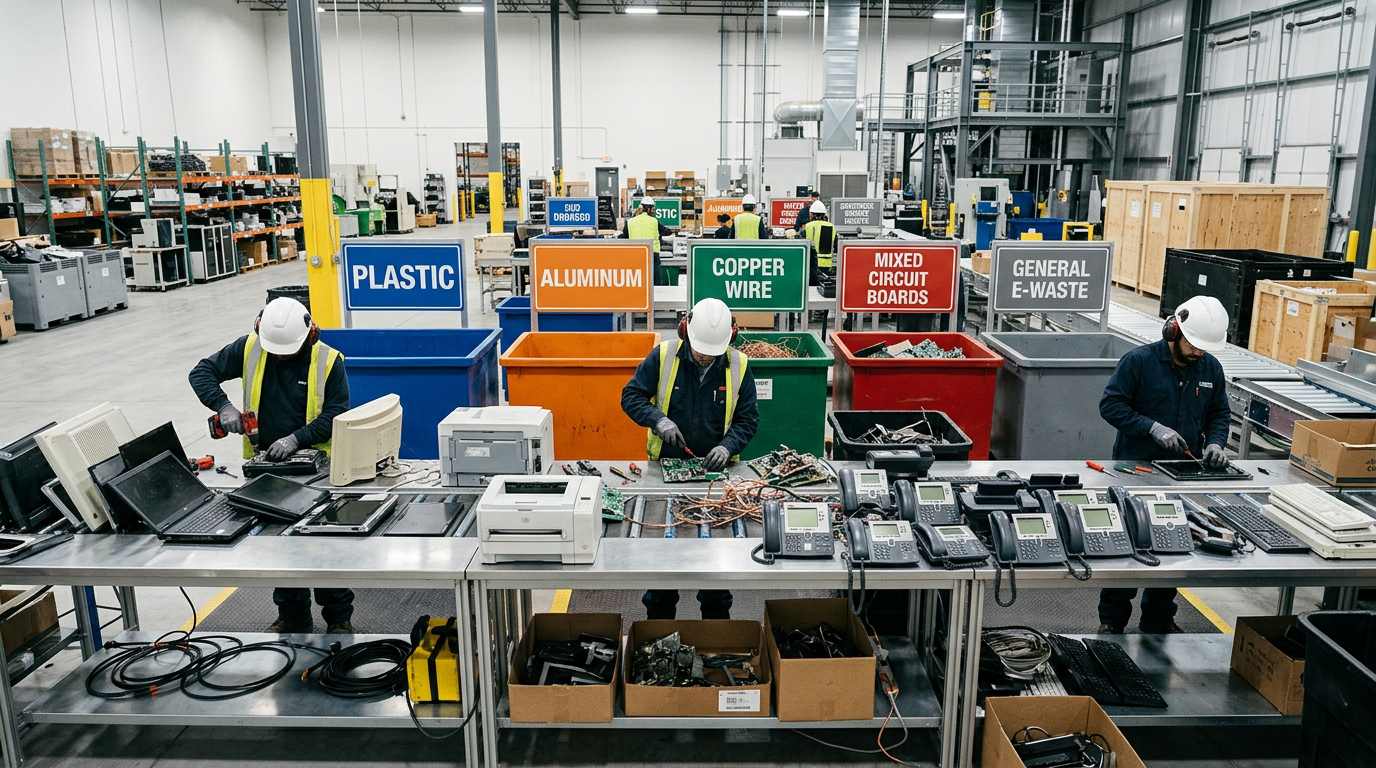 WMG E-Waste Recycling crew dismantling and sorting decommissioned IT hardware
