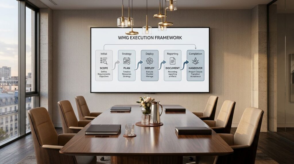 WMG execution framework visualisation showing scope, plan, deploy, document and handover stages