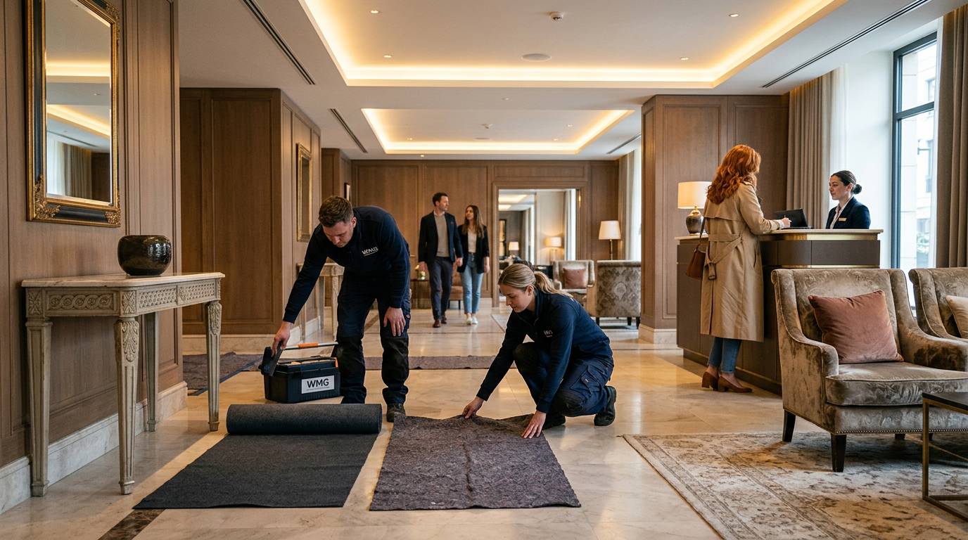 WMG crew working carefully in a live European hotel lobby during operational hours