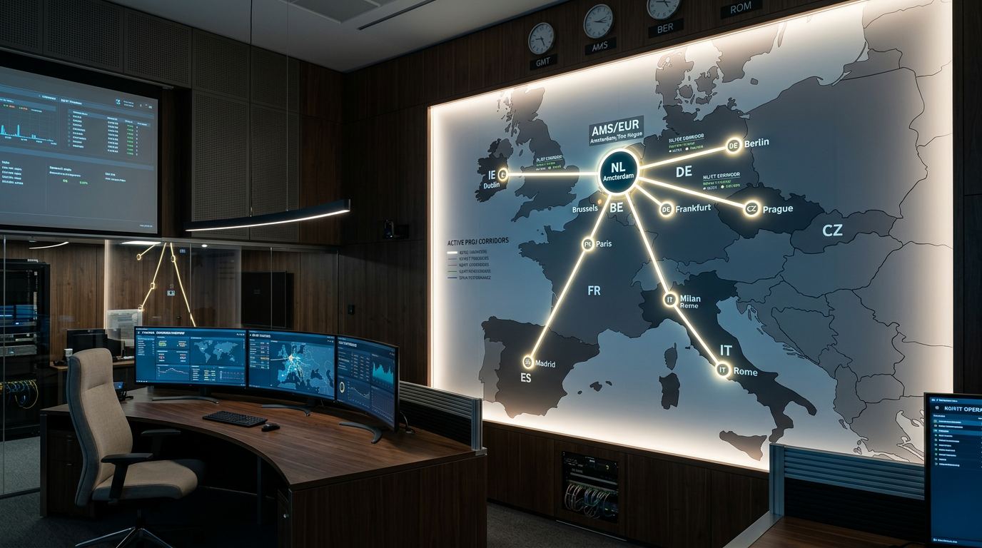 WMG European project corridor map with glowing connections from the Netherlands to key European markets
