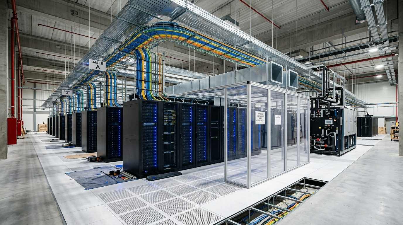 WMG Technical Installations engineer installing server racks in a premium European data center
